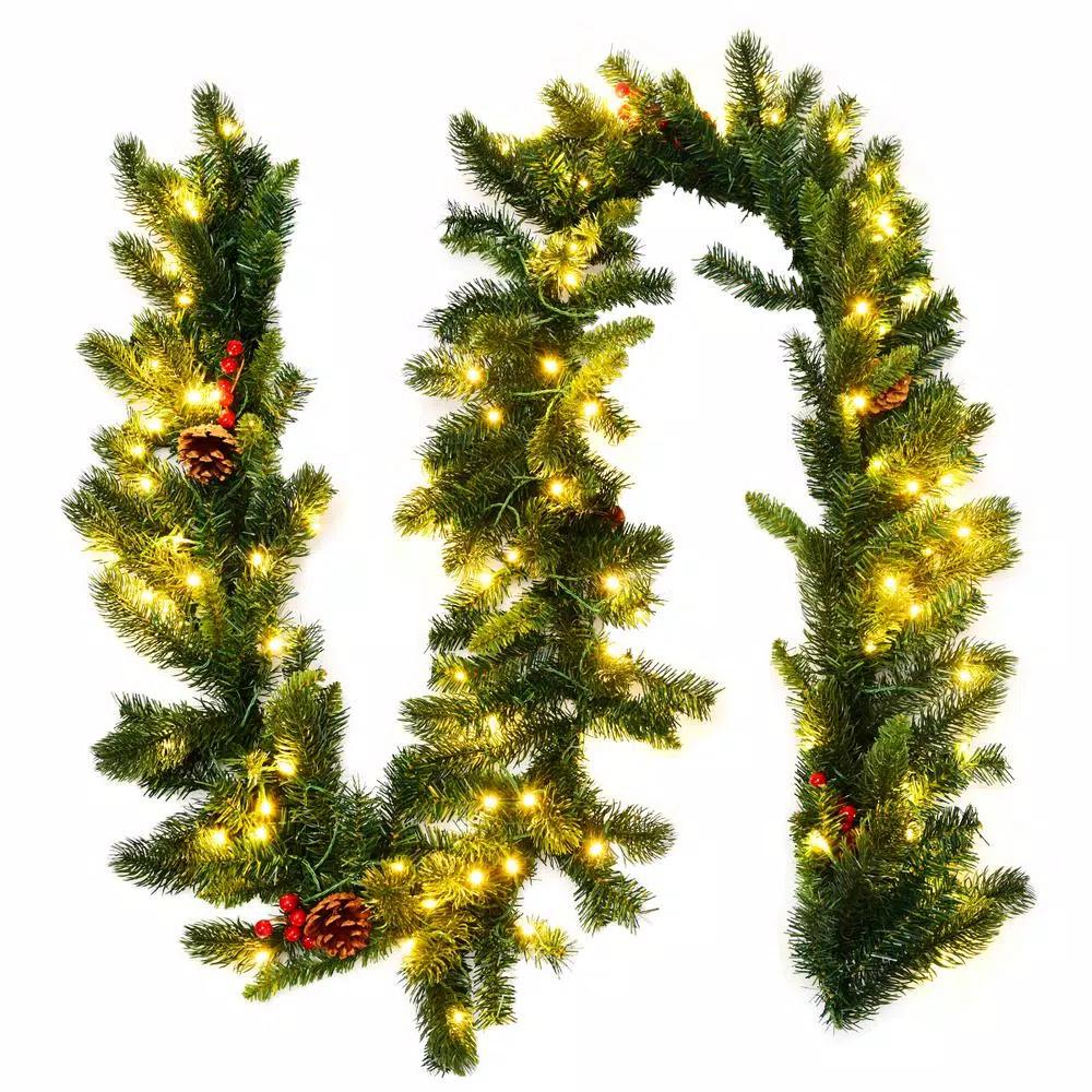 Costway 9 ft. Pre-Lit LED Artificial Fall & Christmas Garland with 100 Warm White Lights and Timer