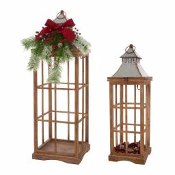 Glitzhome Brown Christmas Farmhouse Wood and Metal Lantern Set of 2 thumbnail 3