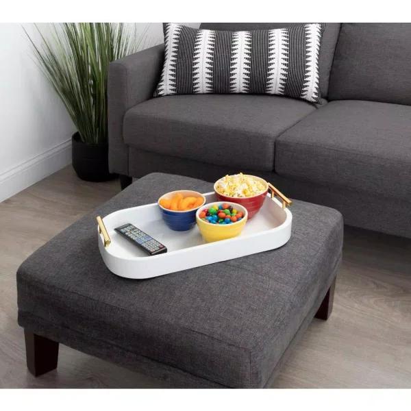 Kate and Laurel Lipton White Decorative Wood Tray with Gold Metal Handles