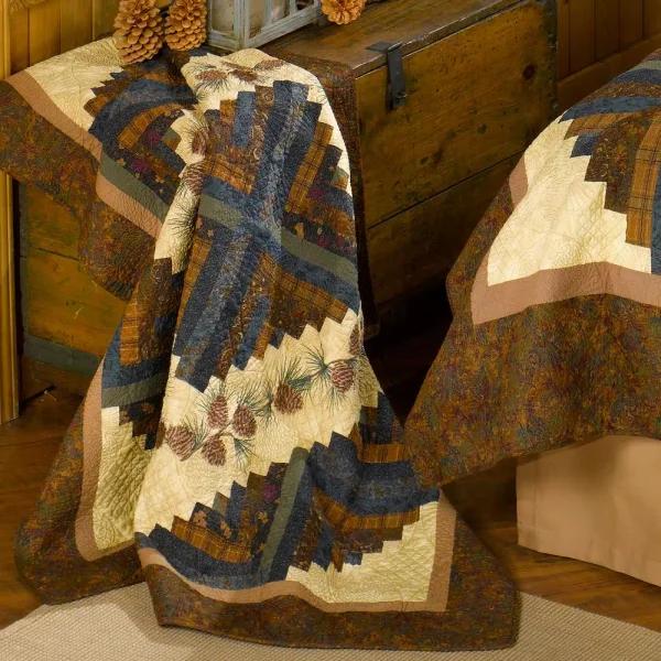 Donna Sharp Cabin Raising Pinecone Brown Cotton Throw Blanket, Rustic Botanical Embroidered Design
