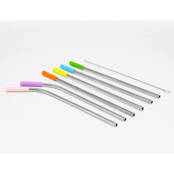 ExcelSteel 14-Piece Stainless Steel Reusable Straw Set with Pastel Silicone Tips - 8 Straight & 4 Curved