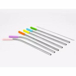 ExcelSteel 14-Piece Stainless Steel Reusable Straw Set with Pastel Silicone Tips - 8 Straight & 4 Curved thumbnail 1