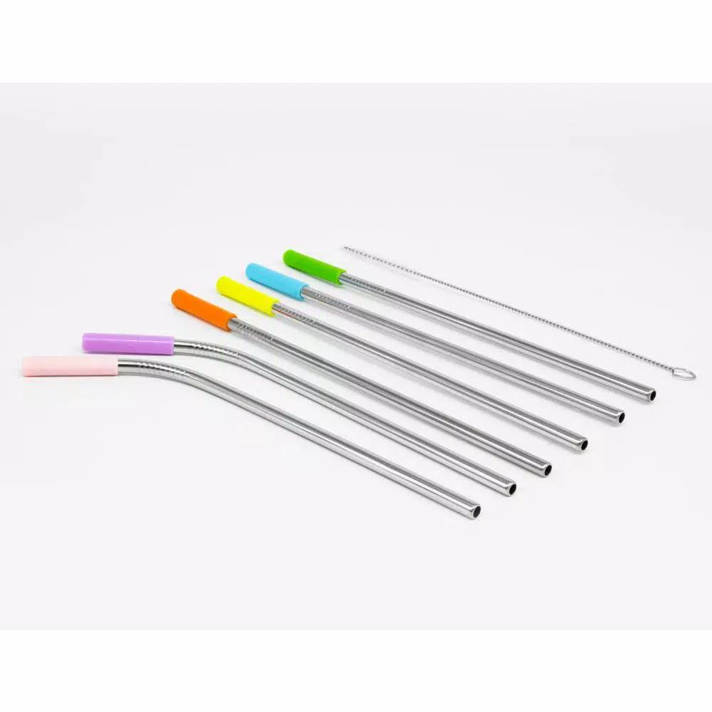 ExcelSteel 14-Piece Stainless Steel Reusable Straw Set with Pastel Silicone Tips - 8 Straight & 4 Curved