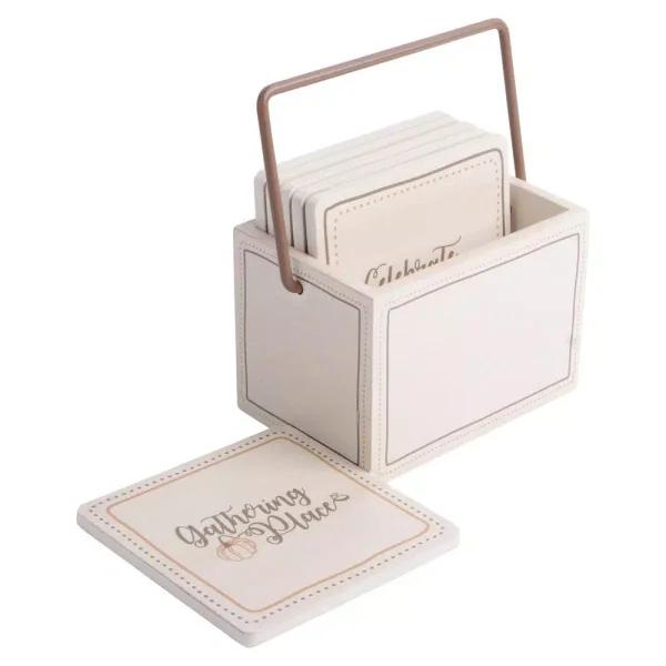 Home Essentials Harvest Devotions Wooden Coasters with Storage Holder, Set of 6