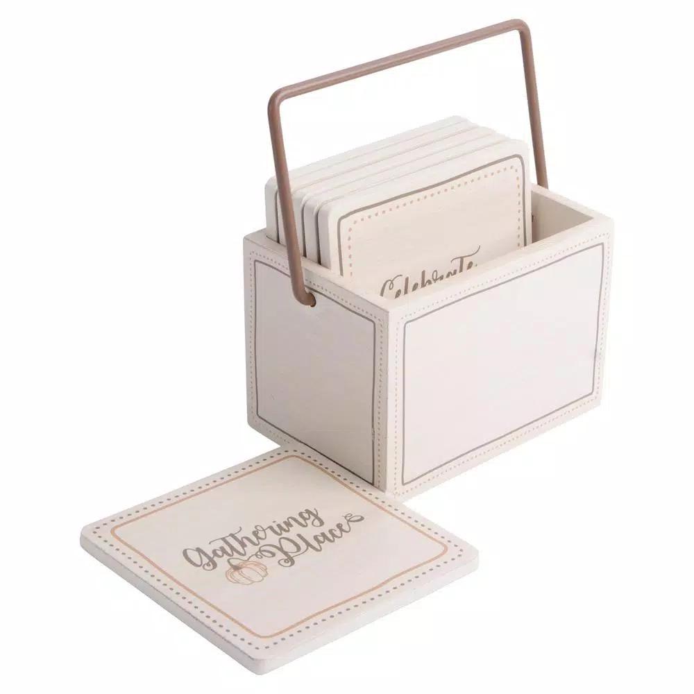 Home Essentials Harvest Devotions Wooden Coasters with Storage Holder, Set of 6