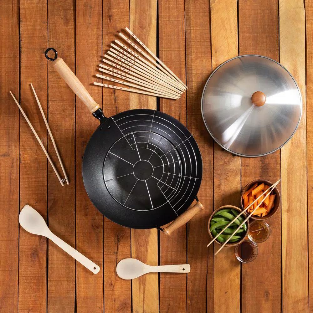 Honey-Can-Do Joyce Chen 10-Piece Carbon Steel Non-Stick Wok Set with Bamboo Accessories
