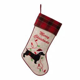 Glitzhome 21 in. Dachshund Fabric Christmas Stocking - White with Red Trim thumbnail 1