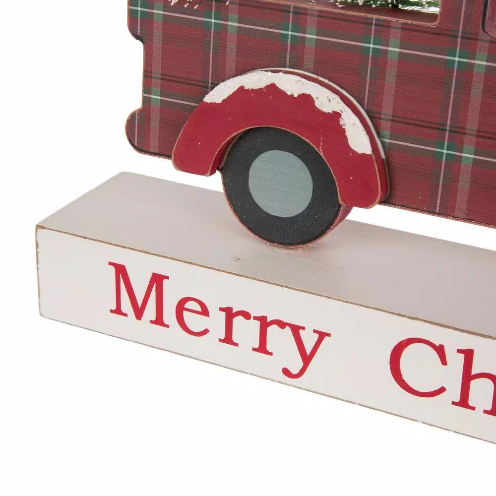 Glitzhome Merry Christmas Red Truck Wooden Table Decor with Christmas Trees