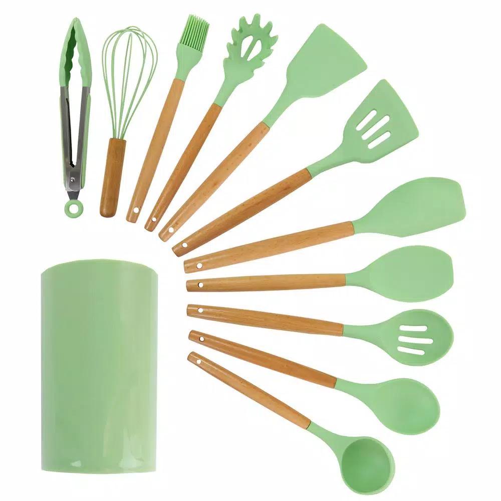 MegaChef 12-Piece Mint Green Silicone and Wood Kitchen Utensil Set
