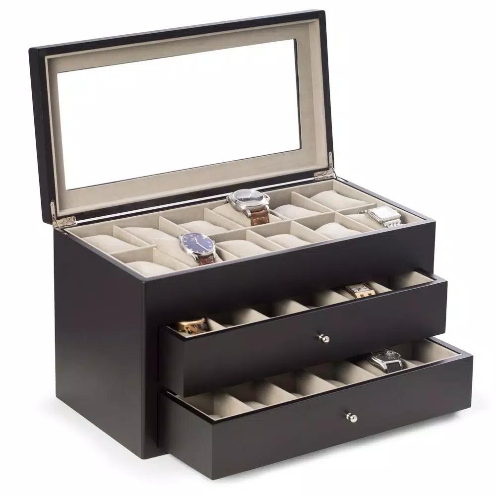 BEY-BERK Harvey 36-Watch Box - Matte Black Wood with Glass Top and 2 Drawers