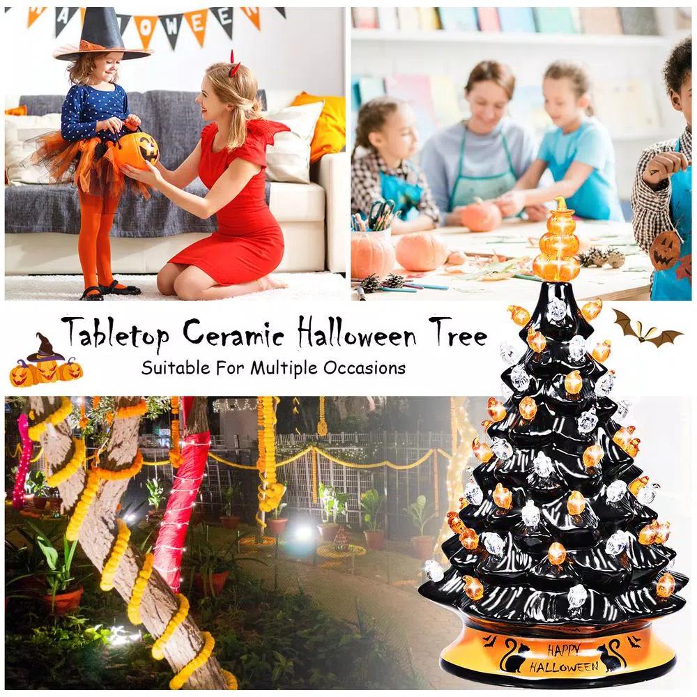Costway 15 in. Black Ceramic Hand-Painted Halloween Tree with LED Lights and Pumpkin Top