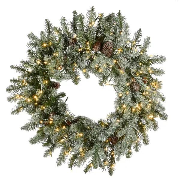 National Tree Company 24 in. Artificial Snowy Morgan Spruce Wreath with 200 Dual Color LED Cosmic Lights