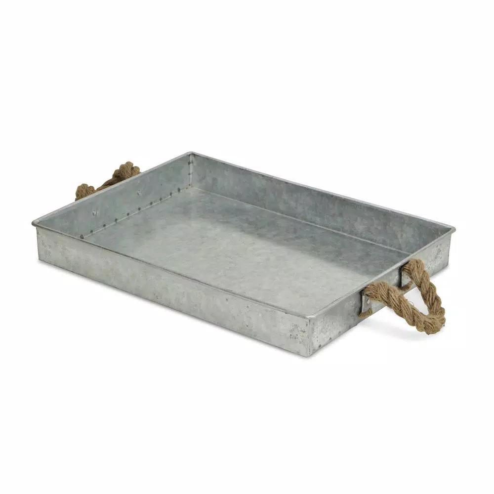 Cheungs Galvanized Metal Rectangular Decorative Tray with Rope Handles - Farmhouse & Industrial Style