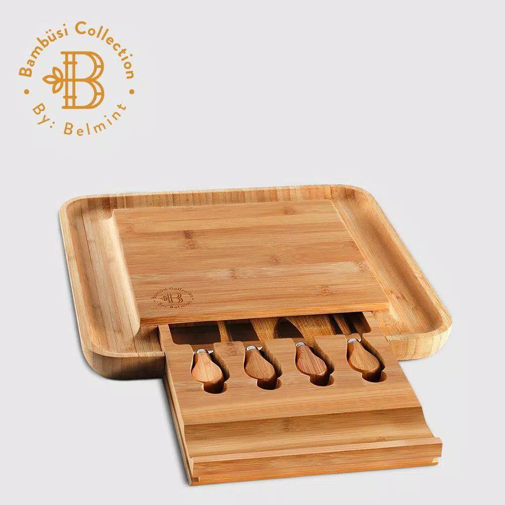 Bambusi Bambsi 100% Natural Bamboo Cheese Board & Cutlery Set with Slide-Out Drawer