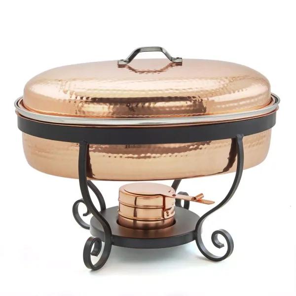 Old Dutch 6 Qt. Oval Hammered Copper Chafing Dish with Stainless Steel Pan and Stand