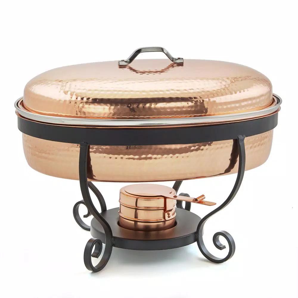 Old Dutch 6 Qt. Oval Hammered Copper Chafing Dish with Stainless Steel Pan and Stand