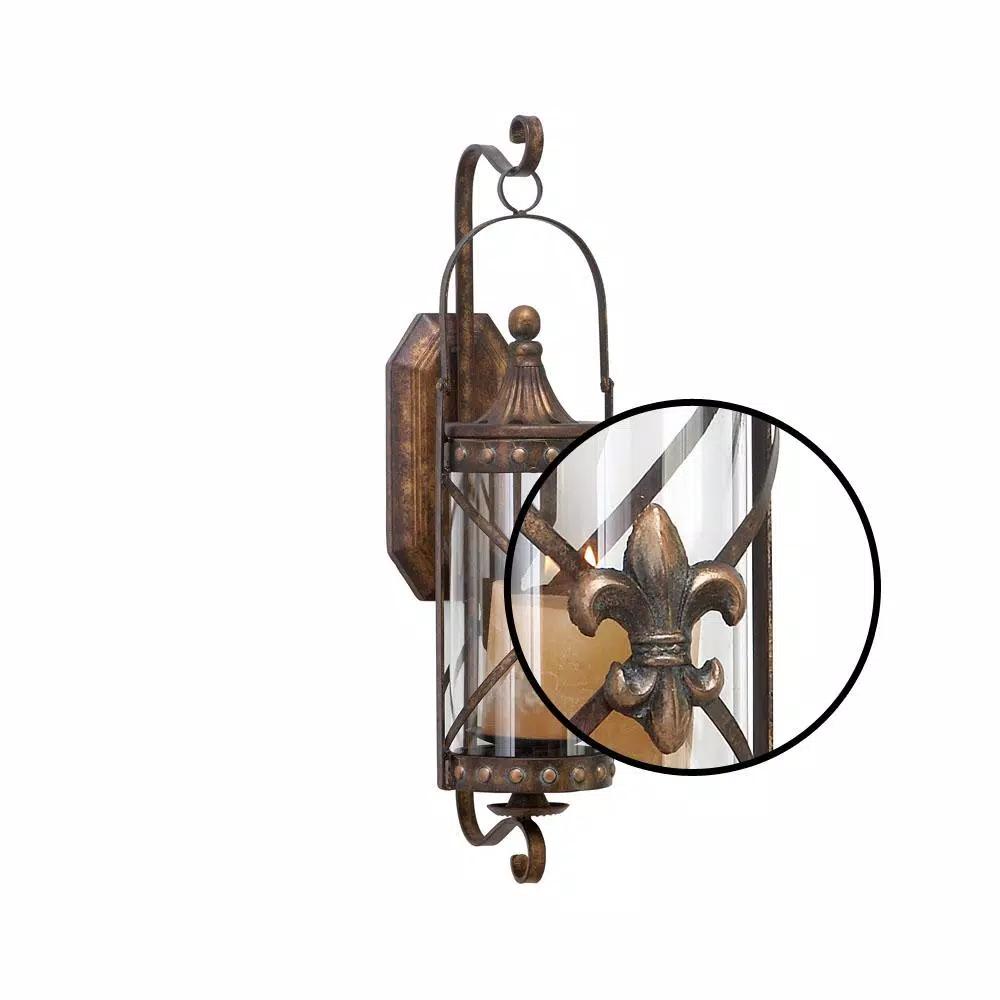 LITTON LANE Old World Riveted Burnished Bronze Iron Candle Sconce with Fleur-de-lis Motif