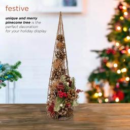 Alpine Corporation 20 in. Rustic Pinecone Christmas Tree Decor with Holly and Plaid Bow thumbnail 4