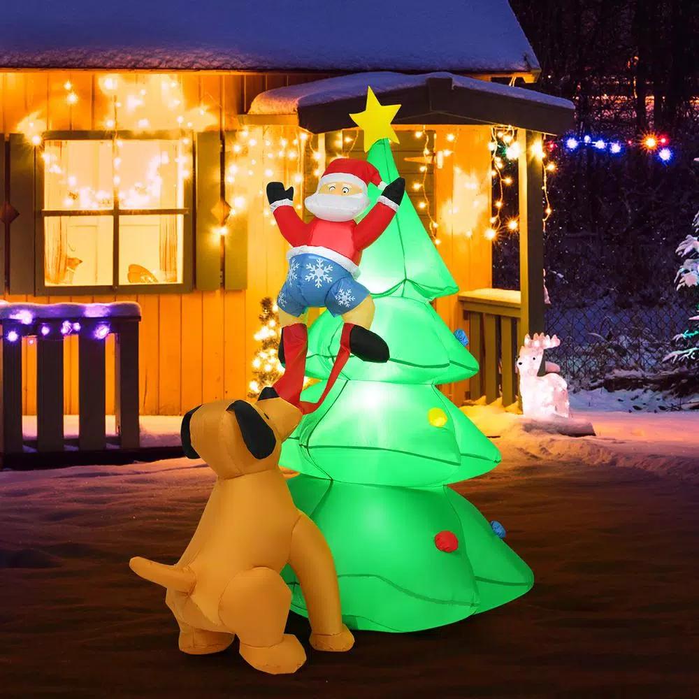 Costway 6.5 ft. Pre-lit LED Inflatable Christmas Tree with Santa and Dog Decorations