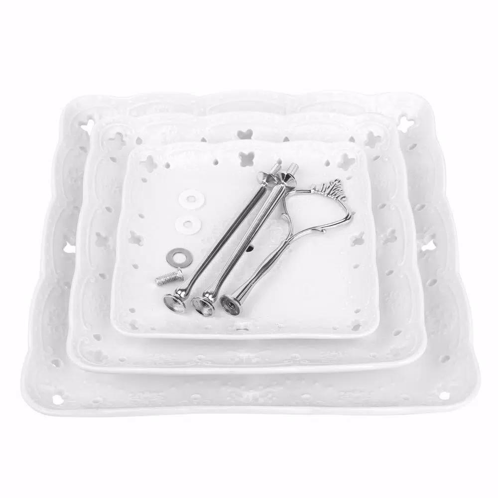 MALACASA 3-Tiered White Porcelain Square Cupcake Tower Stand - Elegant Dessert Serving Tray