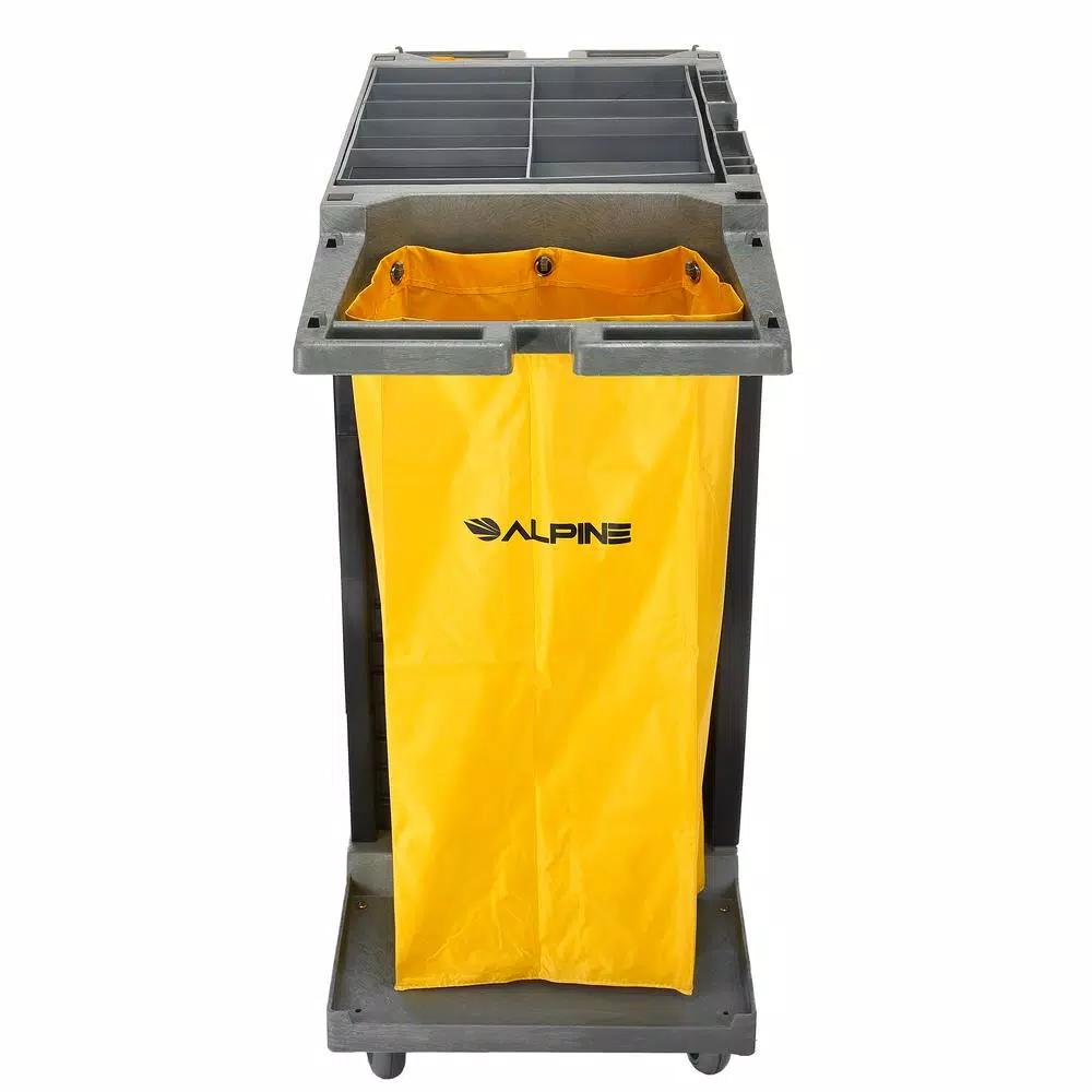 Alpine Industries 4-Shelf PVC Janitorial Cleaning Cart with 2 Yellow Vinyl Bags