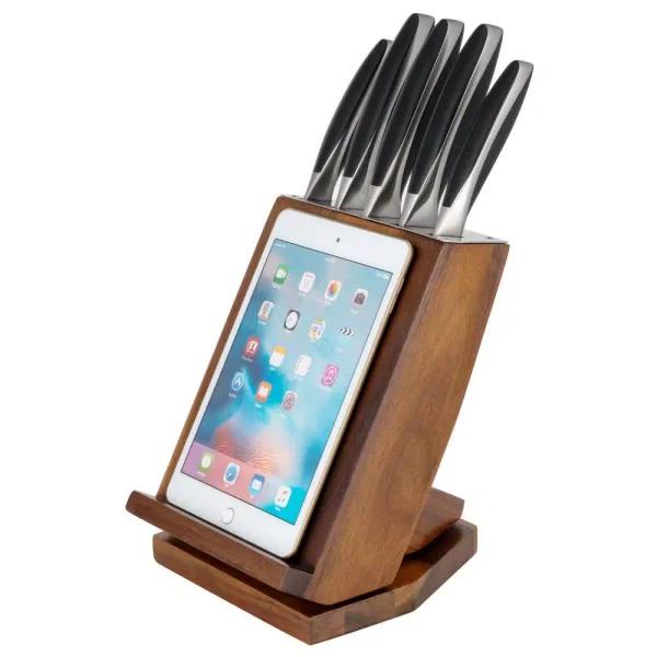 Ozeri 6-Piece Japanese Stainless Steel Knife Set with Rotating Acacia Wood Block and Tablet Holder