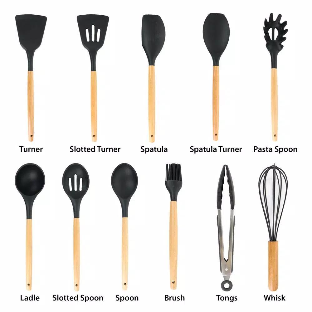 MegaChef 12-Piece Black Silicone and Wood Kitchen Utensil Set