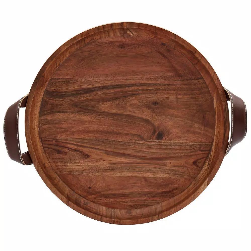 Mason Craft & More 19 in. Round Acacia Wood Serving Tray with Faux Leather Handles