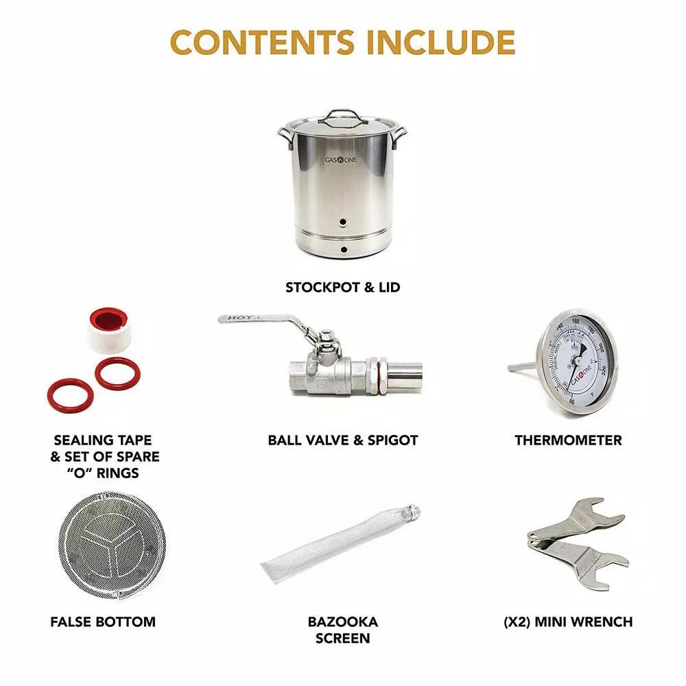 Gas One 40 Qt. Stainless Steel Brew Kettle Complete Kit with Lid and Accessories