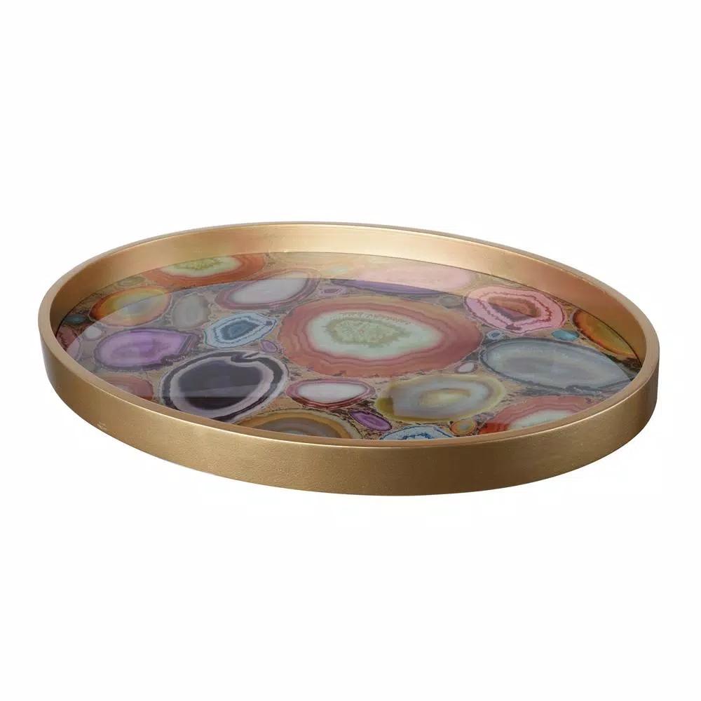 A & B Home Livonia Multi-Color Geode Design Glass Tray with Gold-Finished MDF Frame