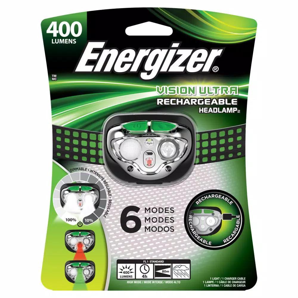 Energizer Vision Ultra HD Rechargeable LED Headlamp, 400 Lumens, Water Resistant