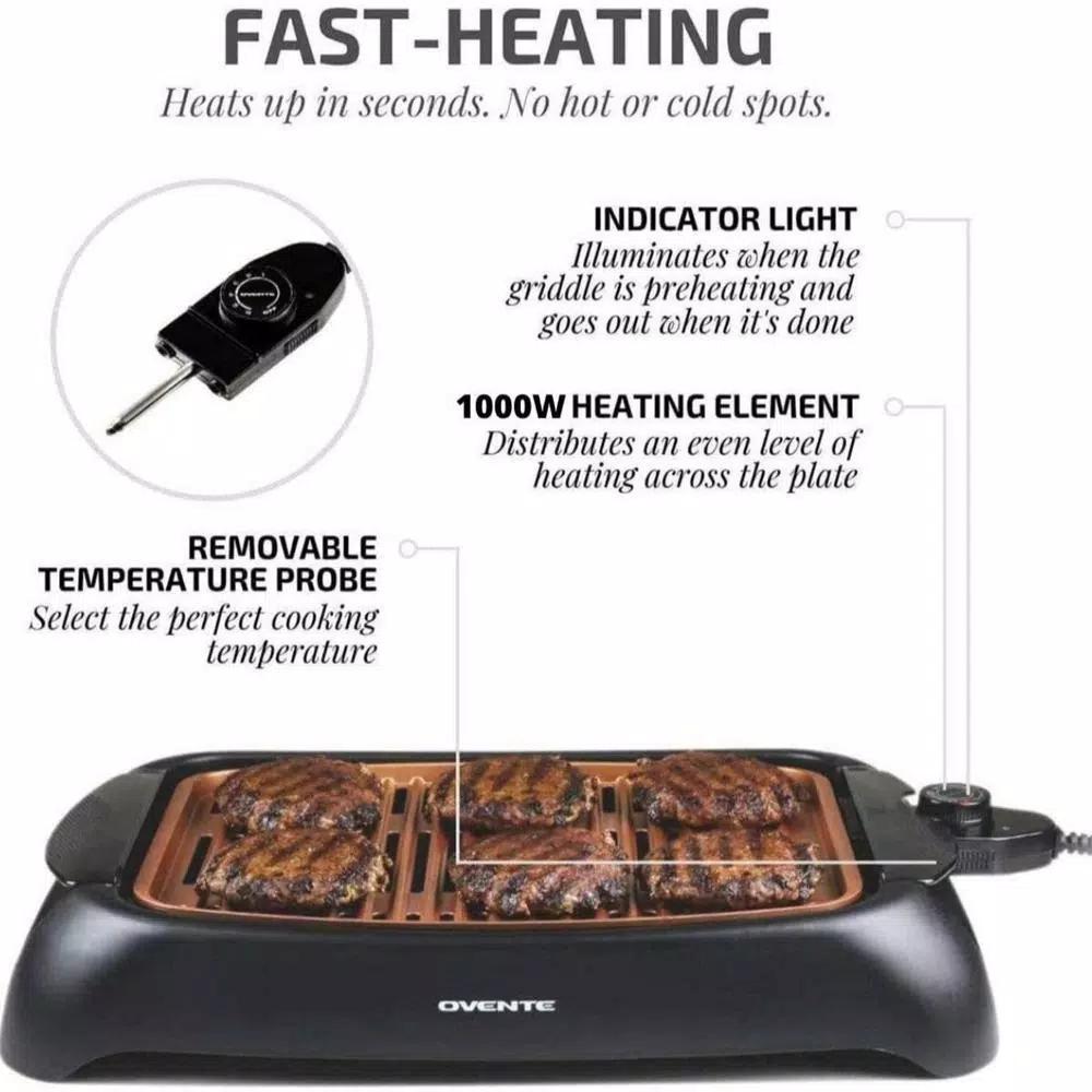 Ovente 1000W Portable Indoor Smokeless Grill, 13x10 inch Non-Stick Aluminum Grilling Plate, Copper