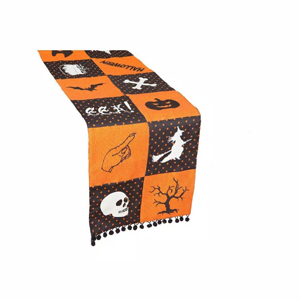 Xia Home Fashions Halloween Patchwork Table Runner - Black and Orange Ghost Silhouette Decor
