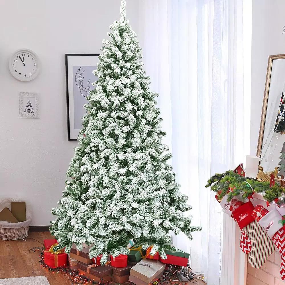 Costway 7.5 ft. Snow Flocked Hinged Pine Artificial Christmas Tree, 1346 Tips, Unlit