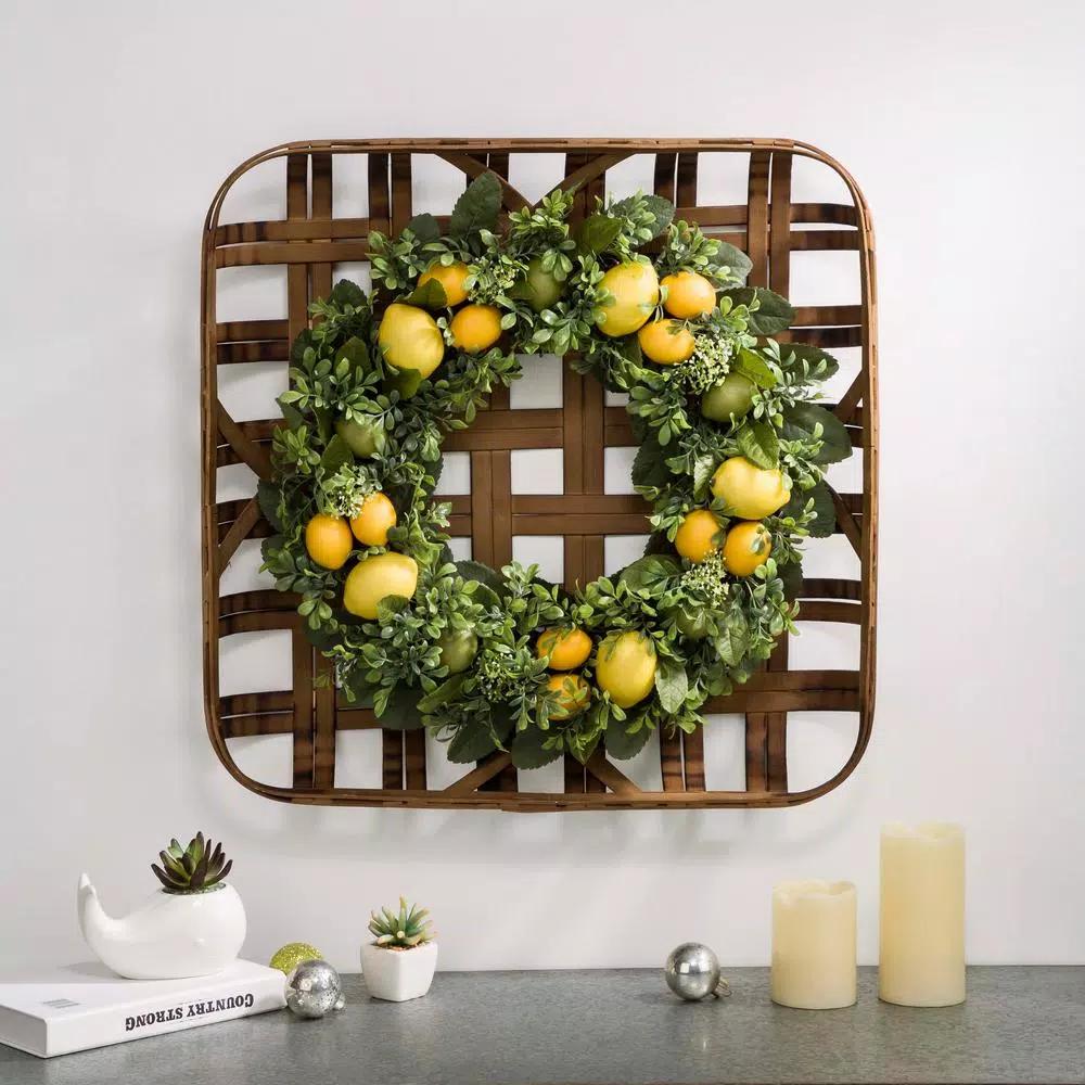 Unbranded 22 in. Greenery Lemon Wreath with 24 in. Bamboo Tobacco Basket