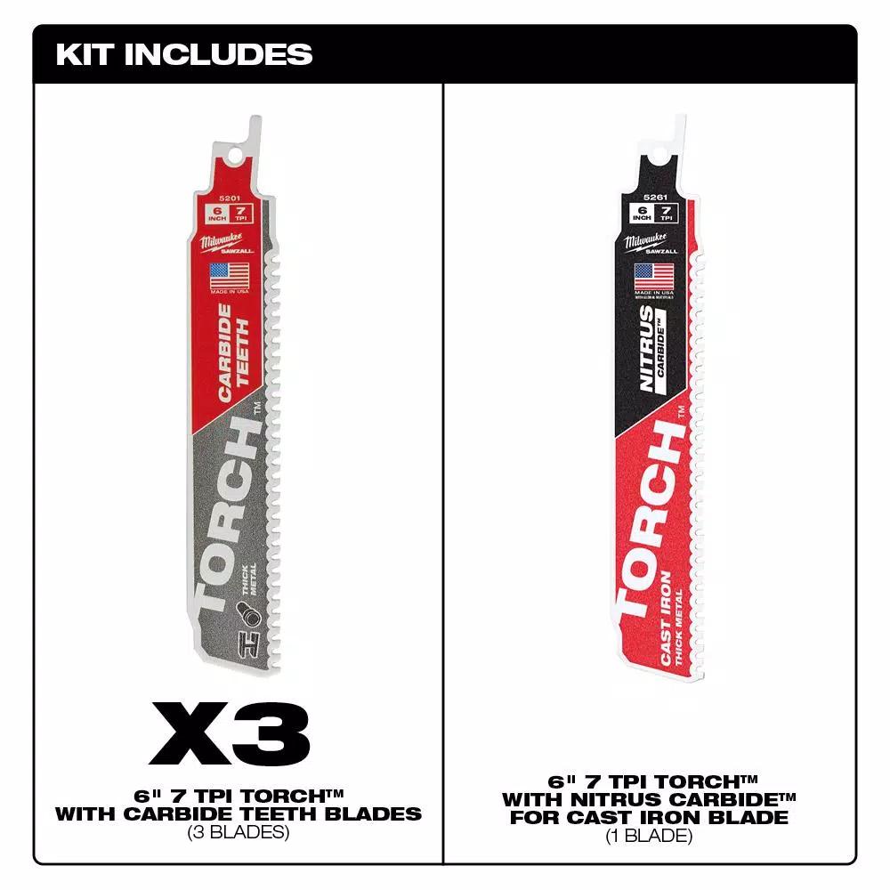 Milwaukee 6 in. 7 TPI The TORCH Carbide & Nitrus Carbide Reciprocating Saw Blade 4-Pack