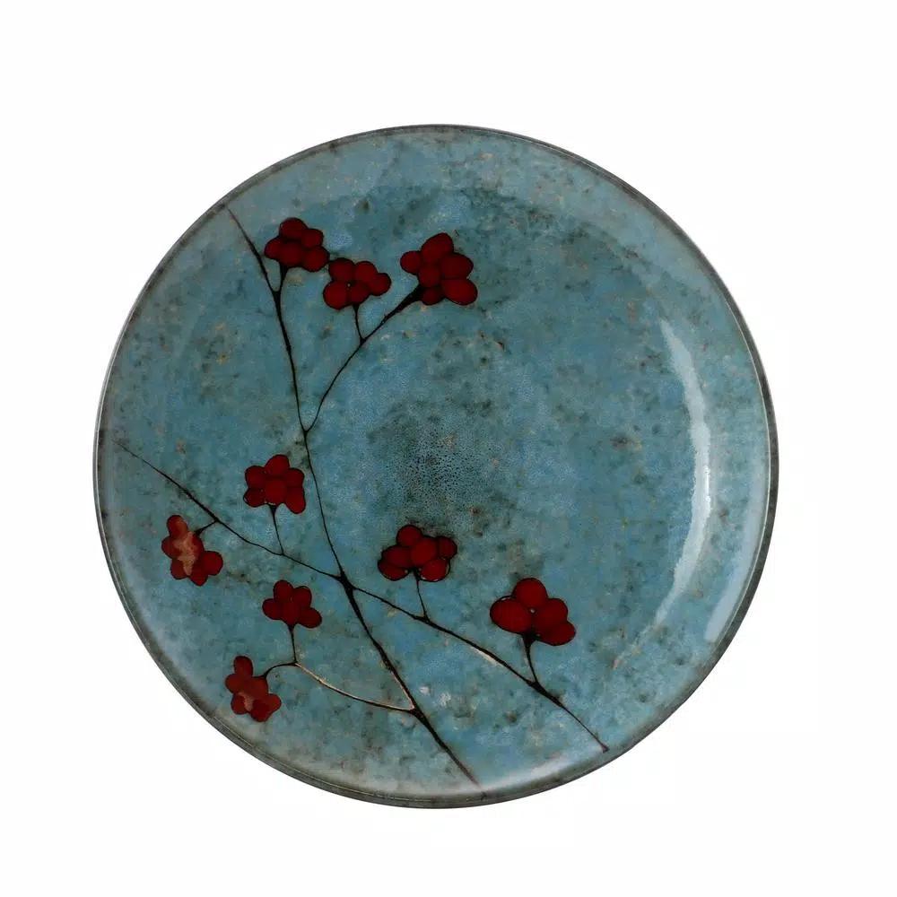 Elama Floral Accents 16-Piece Blue Stoneware Dinnerware Set, Service for 4