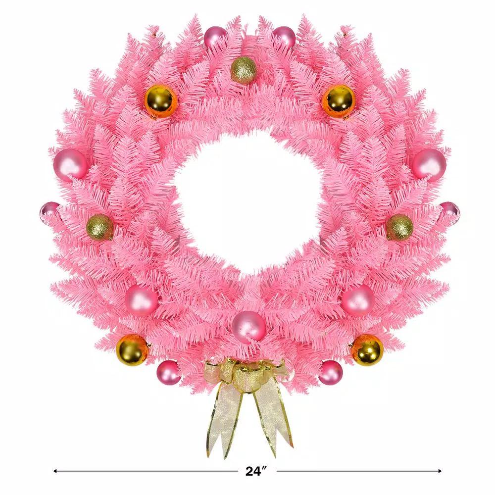 Costway 24 in. Pink Artificial PVC Christmas Wreath with Ornament Balls and Golden Bow