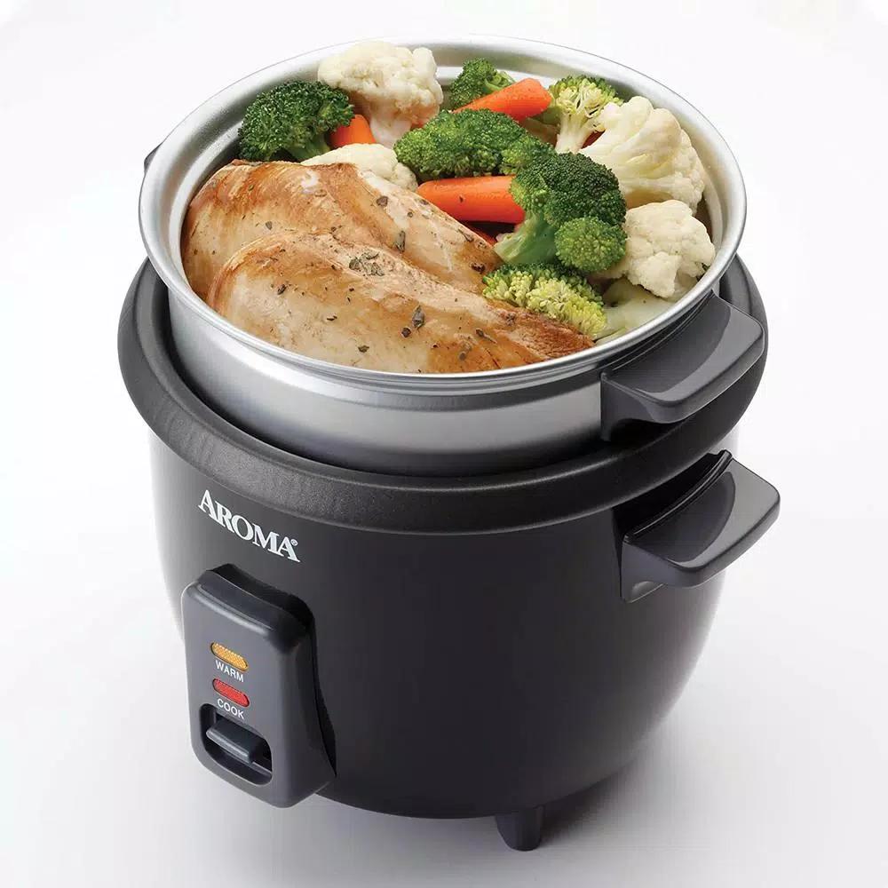 Aroma 6-Cup Rice Cooker and Food Steamer with Removable Steam Tray, Black