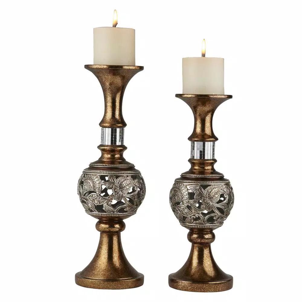 ORE International Langi Clinging Florals Gold and Silver Candle Holder Set of 2