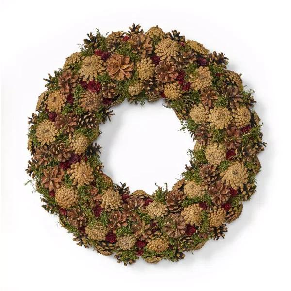 Noble House 18.5 in. Natural Brown Artificial Christmas Wreath with Pine Cones and Green Moss Accents