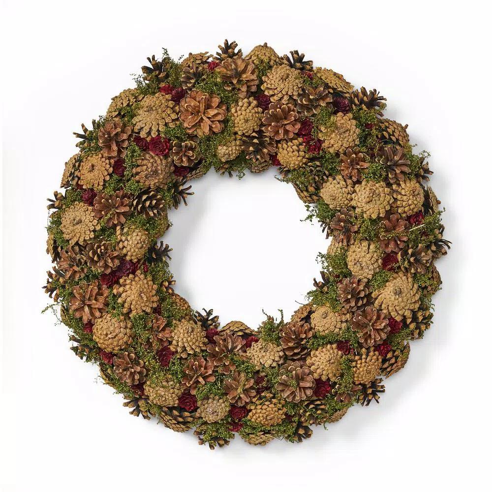 Noble House 18.5 in. Natural Brown Artificial Christmas Wreath with Pine Cones and Green Moss Accents