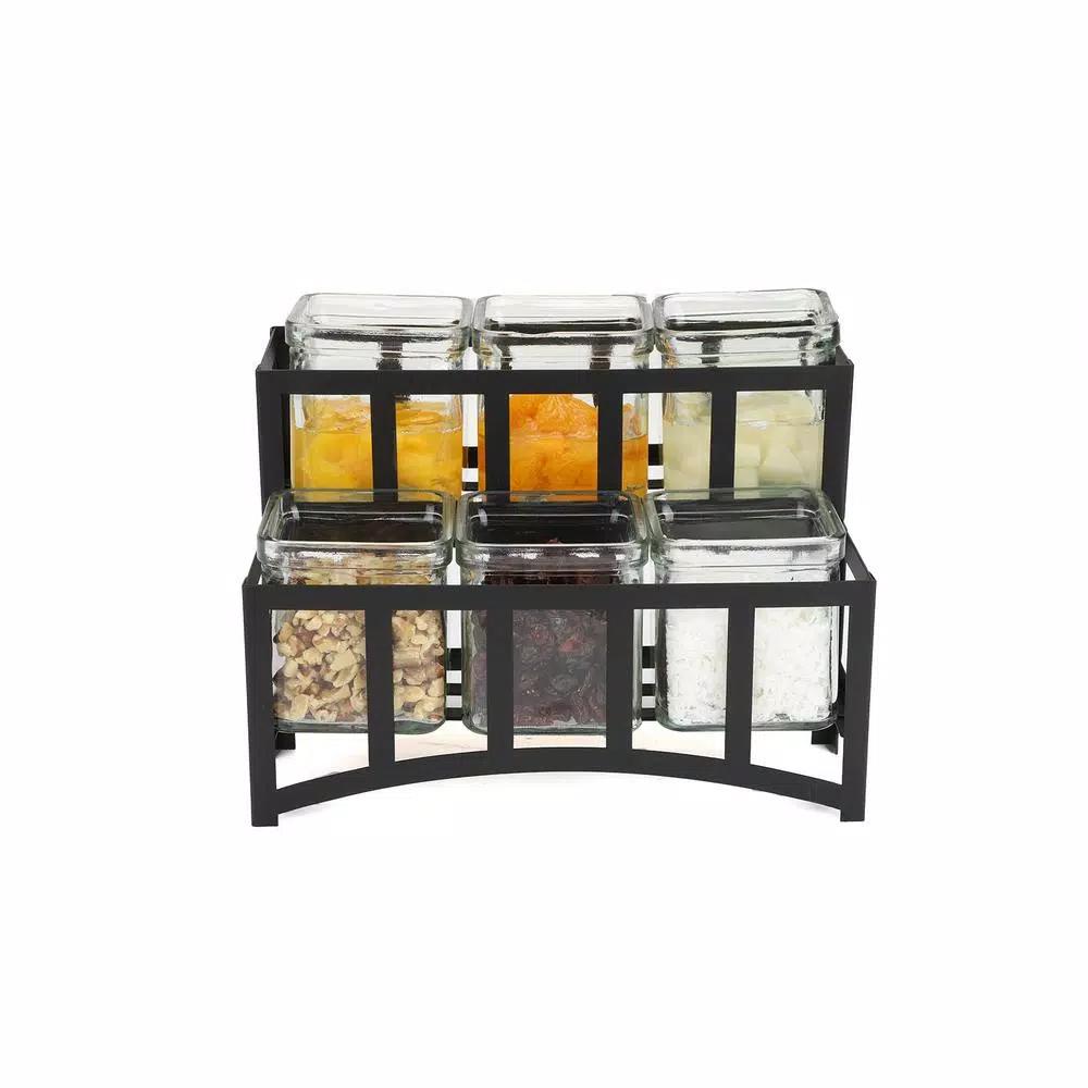 Mind Reader 6-Compartment 2-Tier Black Metal Condiment Server with 6 Removable 8 oz. Glass Jars