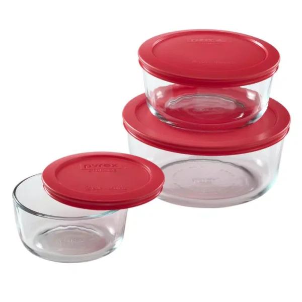Pyrex 6-Piece Round Glass Food Storage Set with Red Lids