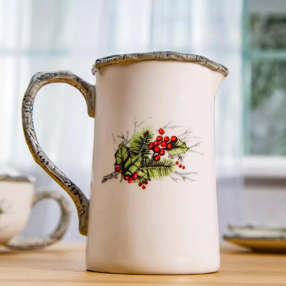 Home Essentials Cardinal Holly Ceramic Pitcher, 33 fl. oz. Red Holiday Serving Pitcher