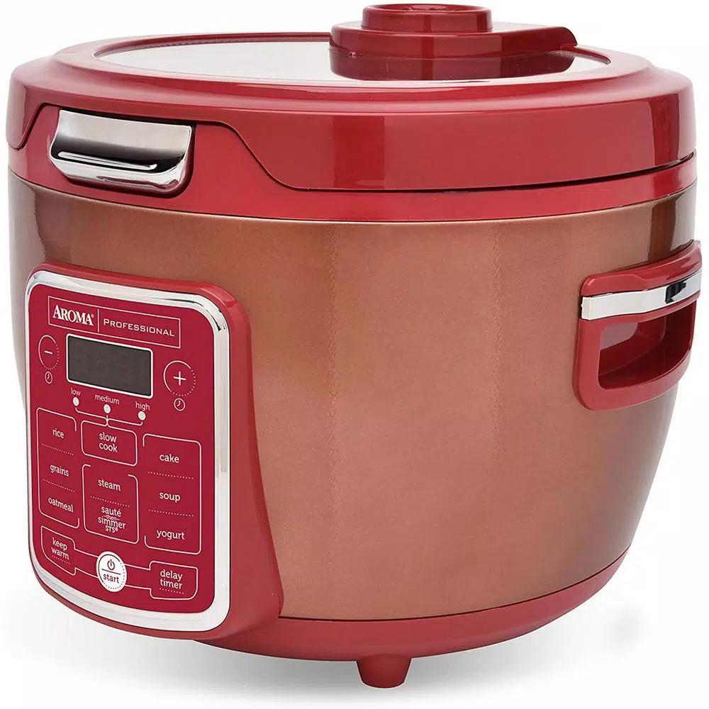 AROMA 20-Cup Red Rice Cooker and Slow Cooker with Glass Lid, 11 Programmable Functions