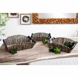 LITTON LANE Handmade Black and Natural Striped Palm Leaf and Seagrass Basket Tray Set of 3 thumbnail 1