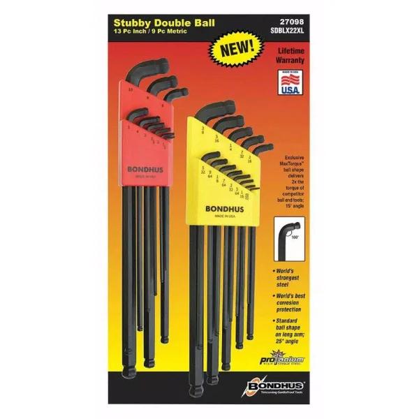 Bondhus Stubby Double Ball End L-Wrench Hex Key Set, SAE and Metric, 22-Piece