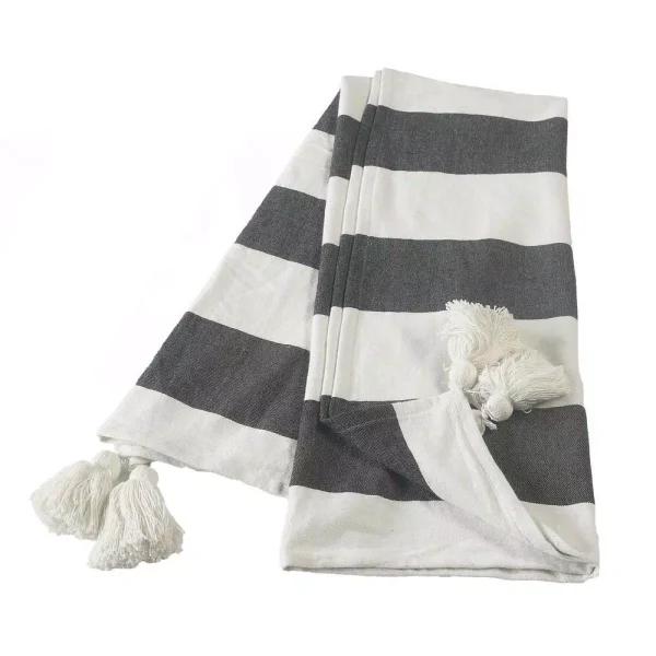 LR Home Metty Charcoal and Ivory Bold Striped Tasseled Cotton Throw Blanket