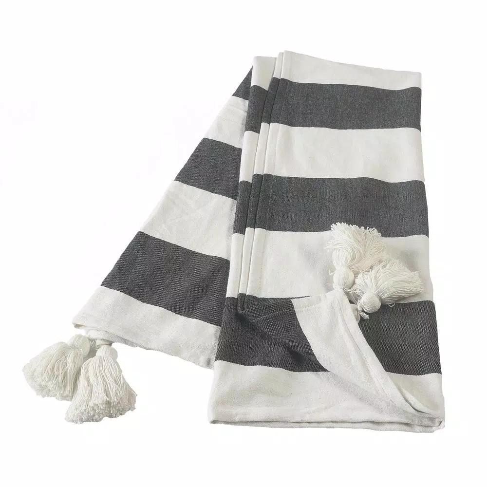 LR Home Metty Charcoal and Ivory Bold Striped Tasseled Cotton Throw Blanket